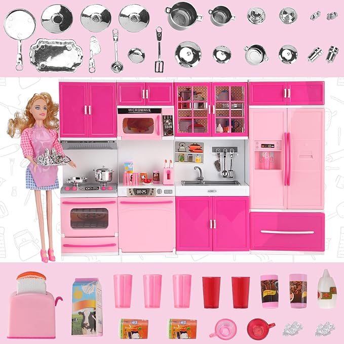 Doll Kitchen Playset for Kids, My Modern Mini Kitchen House Furniture Pretend Play Toy Accessories Set with Realistic Lights & Sounds for Toddlers, Girls (4-in-1 w/Doll)