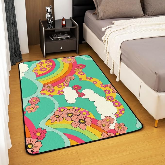 Groovy Rainbow 4x5 Rug for Girls,Groovy Power Floral Carpet Teen Women Retro 60S 70S Hippy Area Rug Colorful Blossom Clouds Psychedelic Non Slip Decorative Rug for Living Room
