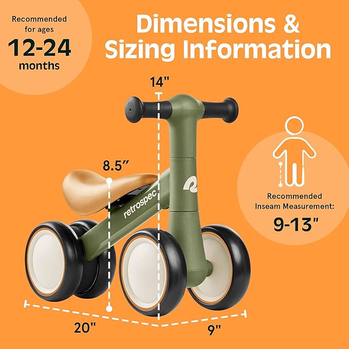 Retrospec Cricket 2 Baby Walker Balance Bike with 4 Wheels for Ages 12-24 Months - First Birthday Gift Toddler Bicycle Toy for 1 Year Old’s - Ride On Toys for Boys & Girls