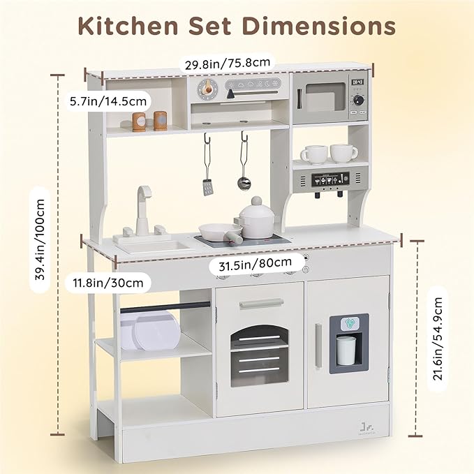 SainSmart Jr. Play Kitchen for Kids, Wooden Kitchen Playset with Lights & Sounds, Ice Maker, Oven & Sink, Trendy Home Style Toy Kitchen, Gift for 3+ Years