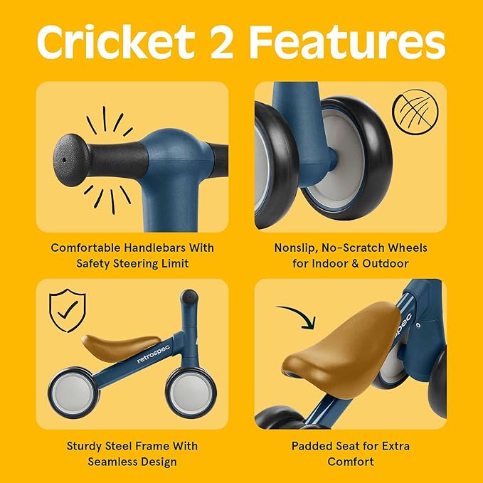 Retrospec Cricket 2 Baby Walker Balance Bike with 4 Wheels for Ages 12-24 Months - First Birthday Gift Toddler Bicycle Toy for 1 Year Old’s - Ride On Toys for Boys & Girls