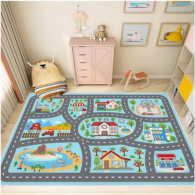 Kids Rug Car Rugs Play mat Carpet for Kids Toy Cars for Playroom Classroom Kids Room, Educational Area Rugs with Non-Slip Road Traffic Floor Rug Mats, Ideal Gift for Nursery Children Boy Girl 4x6ft
