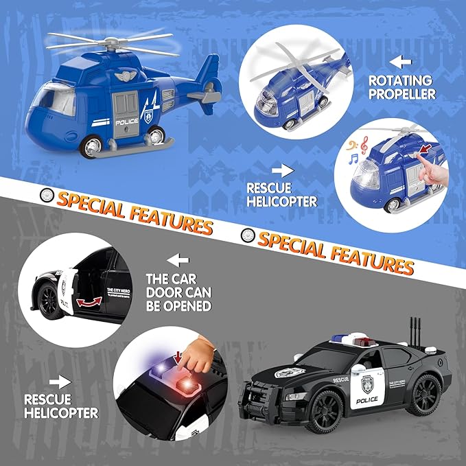 COVTOY 4 Pack Emergency Vehicles with Lights & Siren Sounds - Fire Truck, Ambulance, Police Car & Helicopter - Friction Powered Toys for Boys 3-6