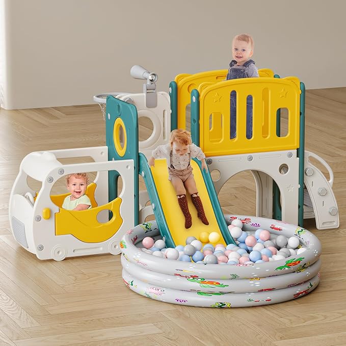 Toddler Slide Kids Slide Playset for Babies Bus Themed Toddler Playground with Climber Baskteball Hoop Indoor Playground Outdoor