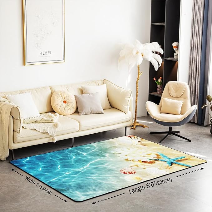 Ocean Area Rugs 5x6'6'', Beach Rug, Coastal Nature Theme Teal Carpet, Boys Girls Hawaiian Sea Wave Animals Shell Starfish Washable Accent Rug for Bedroom, Blue