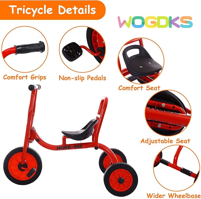 Big Wheel Tricycle for Kids Ages 2-6, Preschool Kids Trike Outdoor Playground Pedal Bike with Adjustable Seat, Inflation-Free Rubber Wheels and Carbon Steel Frame