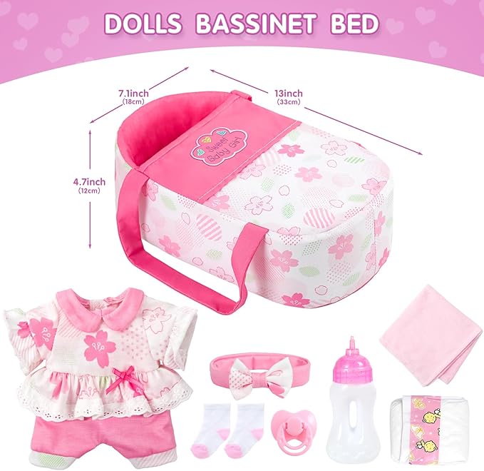 DONTNO 12 Inch Pink Baby Doll with Bassinet Bed,Reborn Baby Doll Includes Clothes and Accessories,Bottles,Nipple,Burp Cloth,Diaper,First Baby Dolls for Toddlers 36 Months and Up
