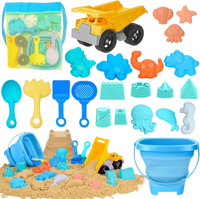 Beach Toys, 23Pcs Sand Toys, Sandbox Toys with Dump Truck, Collapsible Sand Bucket, Shovel Set, Sand Castle Kit, Animal Dinosaur Molds, Mesh Bag, Travel Toys for Kids Toddlers Boys Girls