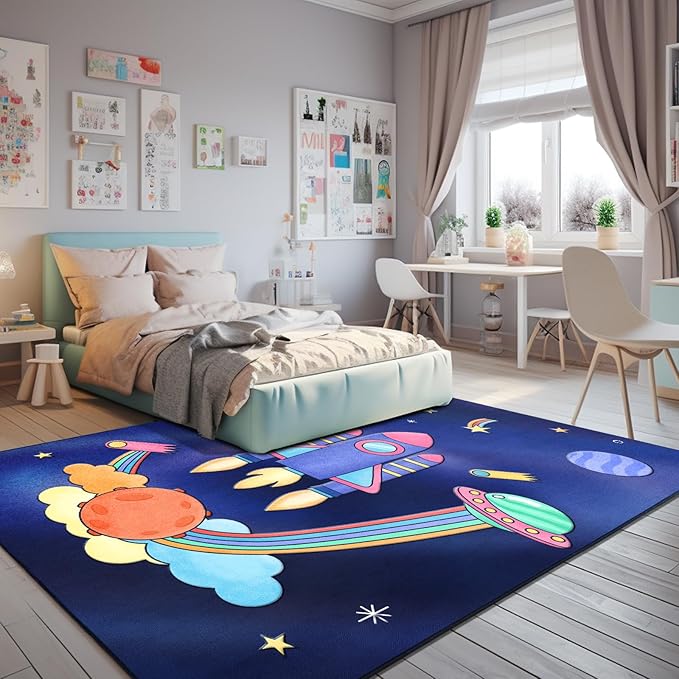 Space Rockets Rug for Kids Room Solar System Area Rugs for Boys Bedroom Kids Rugs for Playroom Space Planet Theme Rug Living Room Dining Room Decor 60x84 inch