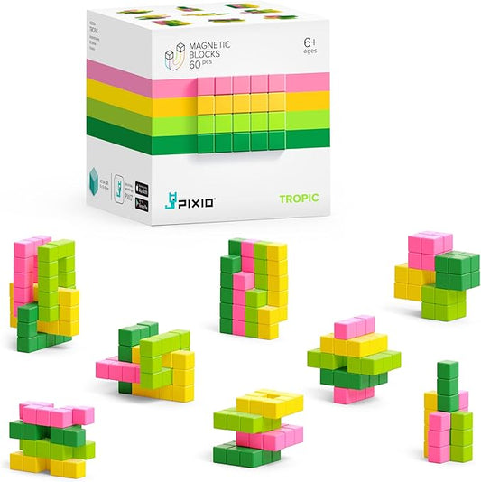 PIXIO TROPIC - Tiny Magnetic Blocks Building Toy in the Pixel Art style with free App - 5/16" plastic cubes with 6 magnets inside - Open ended toy - Creativity toy for Ages 6+ - 60pcs
