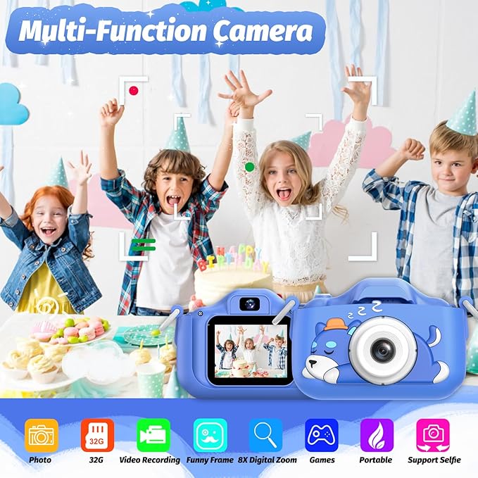 Goopow Kids Selfie Camera Toys for Girls Age 3-9, Digital Video Camera Toy with Protective Cover,Christmas Birthday Festival Gifts for 3-9 Year Old Girls Boys- 32GB SD Card Included