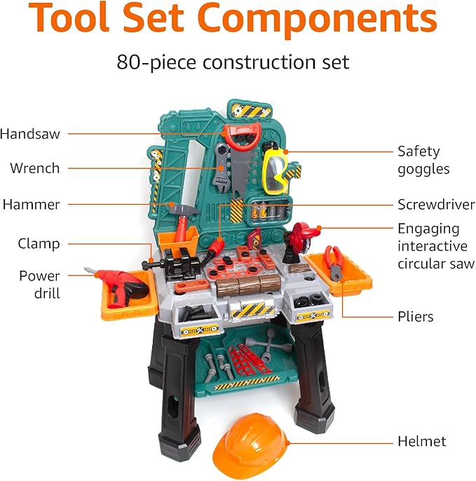 Amazon Basics Kids Workbench Construction Toy Tool Set Playset with 80 Pieces Including Tools, Accessories, Play Helmet & Play Safety Goggles, for Kids Ages 3 and Up, Multicolor, Medium