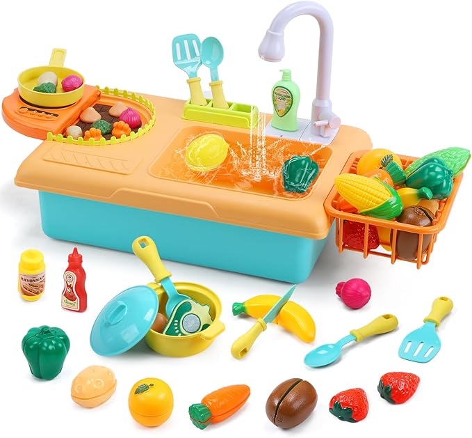 CUTE STONE Kids Pretend Play Sink with Running Water, Toddler Sink Toy with Upgraded Electric Faucet, Play Kitchen Accessories, Cooking Stove, Vegetable Garden Toys, STEM Learning Gift for Ages 3+