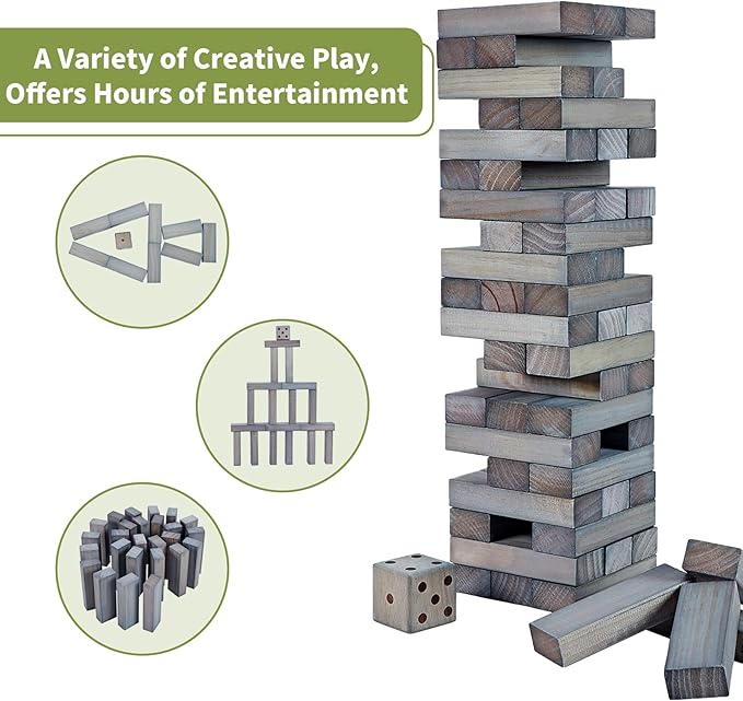 ApudArmis Giant Tumble Tower Stack to Over 5Ft, 60 PCS Pine Wooden Stacking Timber Game with 1 Dice Set - Classic Block Giant Outdoor Game (7.48 * 2.48 * 1.5 in Each Block, Gray)