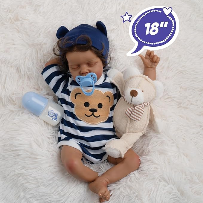 Jirachi Black Realistic Baby Doll Boy, 18-inch Black American Reborn Baby Soft Body Lifelike Doll with Feeding Toy for Kids Age 3+