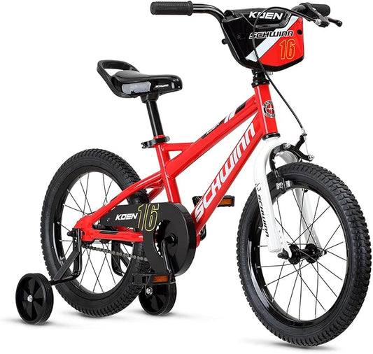 Schwinn Koen BMX Style Toddler and Kids Bike, For Girls and Boys, 16-Inch Wheels, With Saddle Handle, Training Wheels, Chain Guard, and Number Plate, Recommended Height 38-48 Inch, Red