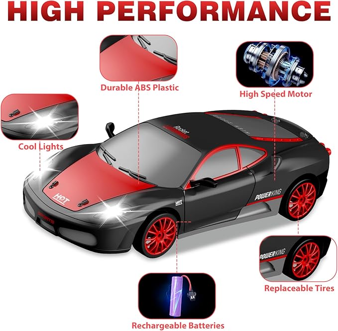 RC Drift Cars, Remote Control Car 2.4Ghz 1:24 Scale 4WD RC Sport Racing Cars Rechargeable High Speed Drifting Car for Boys Girls Vehicle Racing Hobby with Led Light (Black)