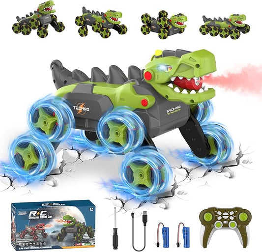 Dinosaur Remote Control Car - 8WD RC Toys for 4 5 6 7 8 Year Old Boys, 2.4Ghz RC Transform Stunt Monster Car with 360°Rotating/Spray/Roar, Birthday Xmas Gifts for Kids Age 4-6 5-7 8-12
