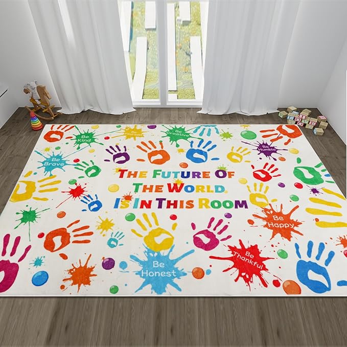 Colorful Kids Handprints Area Rug, Non-Slip Play Mat, Ultra Soft Thick Plush Indoor Rug for Playroom, Classroom, Nursery Decor (59 X 39.4 INCH)