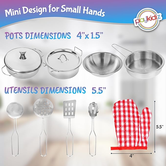 Playkidz Stainless Steel Pots and Pans - Toy Cookware 9 Piece Playset for Kids Pretend Play House - Great Birthday Gift for Girls