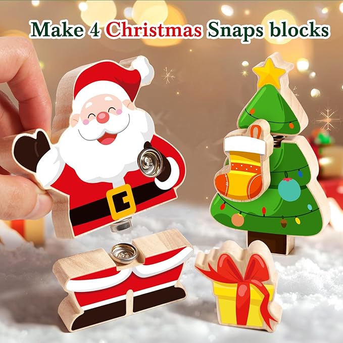 HUZU Christmas Snap Together Building Blocks Toy, Santa, Reindeer, Snowman, Christmas Tree Take Apart Characters, 3 4 5 6 7 8 Years Old Kids Wooden Puzzle, STEM Fine Motor Skill Christmas