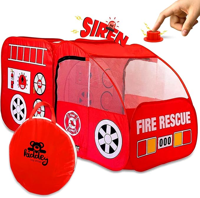 Kiddey Fire Truck Play Tent for Kids - Firetruck Tents with Sirens and Fireman Sound Button for Girls, Boys, & Toddlers Gifts - Red Fire Engine Pop Up Playhouse for Toddler - Indoor & Outdoor
