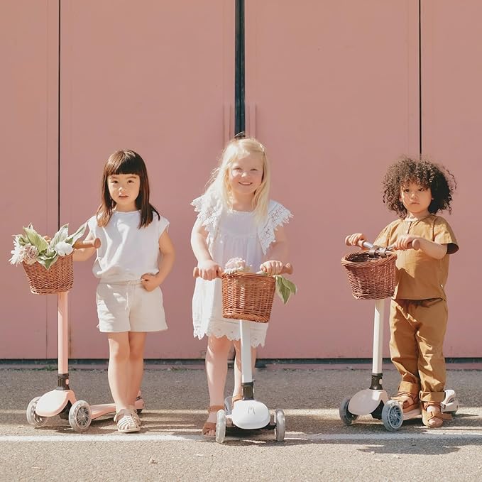 MomnLittle Kick Scooter for Kids Ages 3-10 (Beige/Pink/Navy/White) 3 Wheeled with LED Light-Up Wheels CPSC Certified Foldable and 4 Height Adjustable Toddler Scooters for Boys Girls