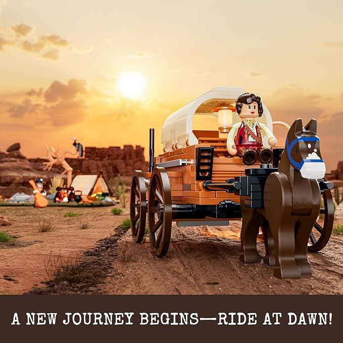FUNWHOLE Cowboy Camp Lighting Building-Bricks Set - The Old West Shelter with Covered Wagon and Horse 542 Pcs Collection Display Set for Adults and West Lovers