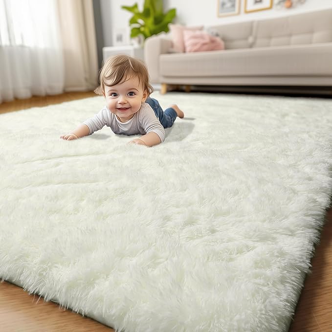 Amdrebio Ivory Area Rugs for Bedroom Living Room, 5x8 Soft Fluffy Modern Indoor Cute Carpet for Kids Room, Home Decor, Thick Fuzzy Rugs for Playroom Nursery Dorm Classroom, Cozy Furry Cream White Rug