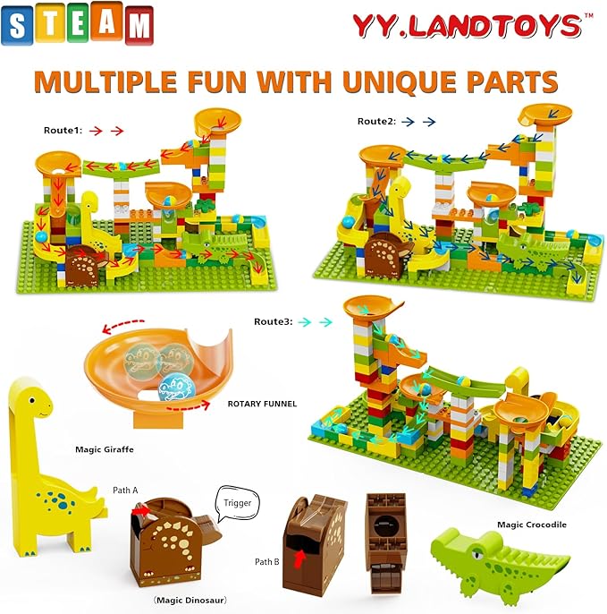Dinosaur Marble Runs for Kids 4-8 Building Blocks Compatible with LEGO DUPLOS for Age 2-5/138Pcs Classic Big Blocks Marble Run for kids Ages 3-5 STEM Toy/Montessori Toys Gift for Kids Age 3,4,5,6,7,8+