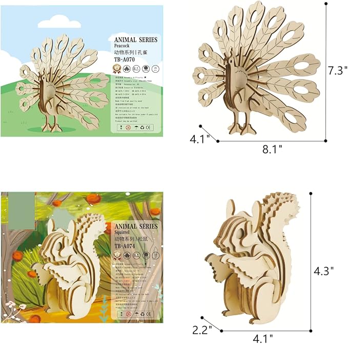 3D Wooden Wild Animal Puzzle - 6 Piece Set Wood Wild Animals Skeleton Assembly Model Kits - Wooden Crafts DIY Brain Teaser Puzzle - STEM Toys Gifts for Kids and Adults Teens Boys Girls