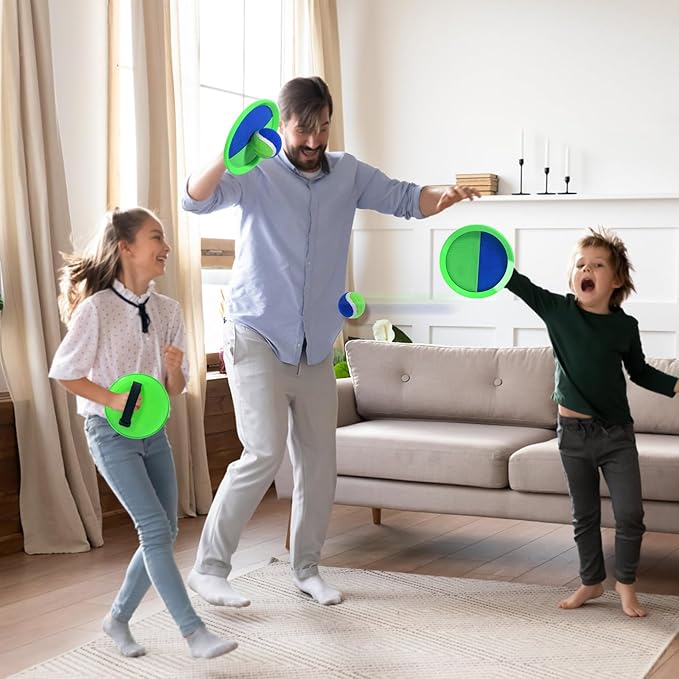 Toss and Catch Game Set - 2 Paddles, 2 Balls and 1 Storage Bag - Great Outdoor Toys/Gifts for Kids - Classic Beach and Yard Games (Blue and Green)