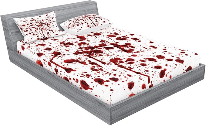 Ambesonne Horror Fitted Sheet & Pillow Sham Set, Splashes of Blood Grunge Style Bloodstain Horror Scary Zombie Halloween Themed Print, Decorative Printed 3 Piece Bedding Decor Set, King, Scarlet White