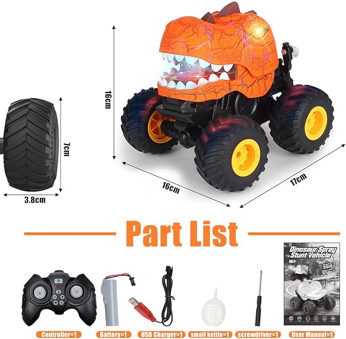 Dinosaur Remote Control Car, Monster Truck Toys with Spray, Light & Sound, 2.4GHz All Terrain RC Cars for Boys Age 4-7, Birthday Gifts for Kids 3-5 6 7 8-12
