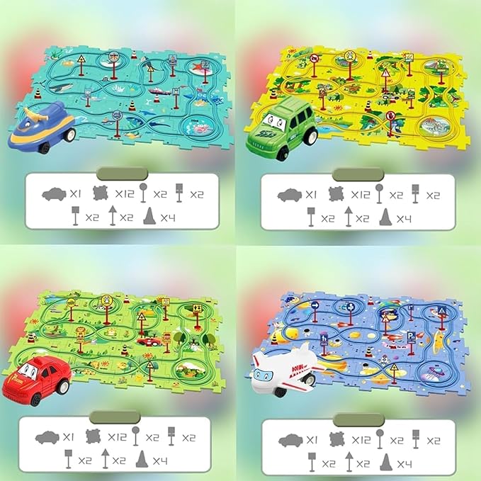 4 Sets 4in1 Puzzle Racer Kids Car Track Set,4 Theme Jigsaw Puzzle Racer Car Track Set Puzzle Track Car Play Set Puzzle Raceway Car Track Preschool Gifts for Kids Christmas Birthday Gift for Boys Girls