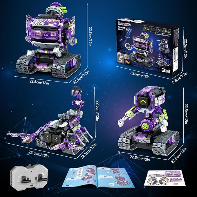 Robot Building Toy with LED Eyes & Sound, App Remote Controlled STEM Rechargeable Robotics Building Set 458 PCS, 3 in 1 RC Tech Building Block Kit Gift for Kids Boys Girls 6 7 8 9 10 11 12+