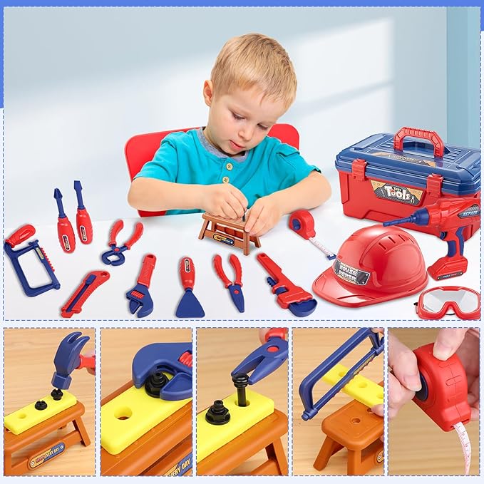 Kids Tool Set, MAGIC4U 49PCS Toddler Tool Set with Electronic Toy Drill,Tape Measure 12 Tool Equipment,Pretend Play Construction Costume with Safety Vest Hat,Toy Tool Box for Kids Boy Girl Age 3-8