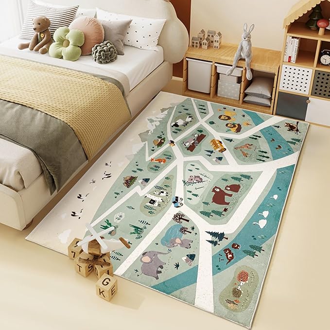 Kids Rug Play Mat 5Ft Zoo Animal Bedroom Carpet Forest Animal Playroom Rug for Boys Girls Adventure Playmat Children Area Rug Nonslip Fluffy Area Rug for Kids Room Nursery Decor 3.3'x5', Green