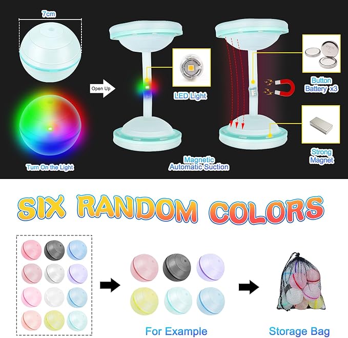 6 Pcs Light Up Led Quick Fill Water Balloons Reusable for Toddler Boys and Girls Ages 3+, Summer Beach Pool Refillable Water Ball Toys Outside Activities, Sealing Magnetic Water Balls