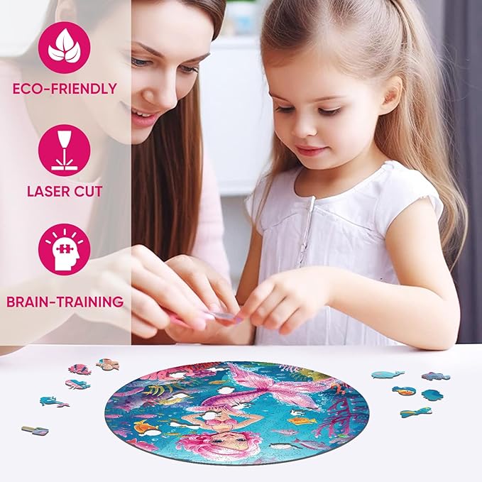 Wooden Puzzles for Adults, Mermaid Jigsaw Puzzles 500 Pieces, Unique Shape Puzzles with Wooden Box, 16.7 x 16.7 Inches Royal Size Family Game Gift, Fun Challenging Puzzles for Adults and Kids