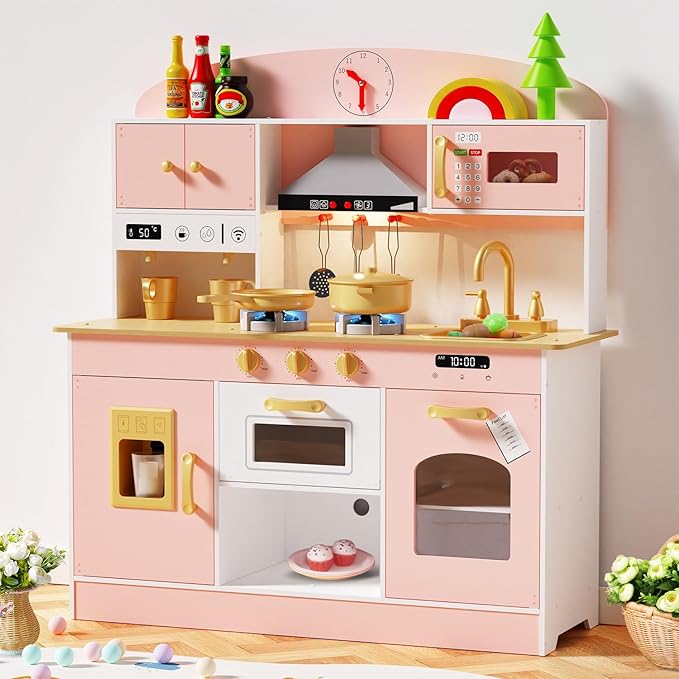 Babytronic Wooden Play Kitchen Set, Pretend Play Kitchen with Lights and Sounds for Kids Ages 3+, Includes Stove, Oven, Microwave, Coffee Maker, and Accessories, Toy Kitchen Set for Toddlers (Pink)