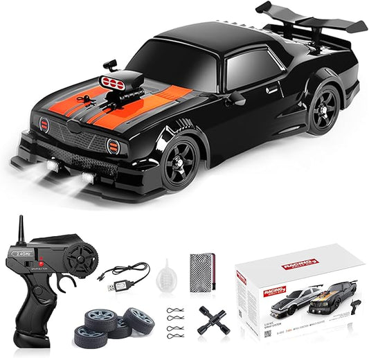 YUZ Remote Control Car RC Drift Car 1/16 Scale 4WD 18KM/H High Speed RC Car 2.4GHz with LED Lights Spray Racing Toy Car for Adults Boys Girls Kids Birthday 2Pcs Rechargeable Batteries, Black