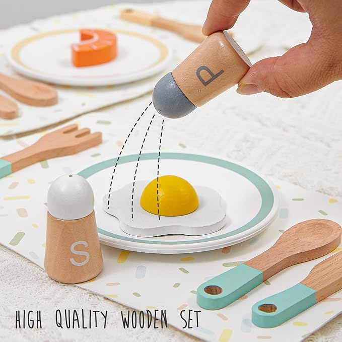 Wooden Play Kitchen Accessories Toys for Toddlers 3-5, Kids Play Kitchen with Realistic Plates & Dishes & Tableware, Montessori Pretend Christmas Birthday Gifts for 3 4 5 6 Years Girls Boys