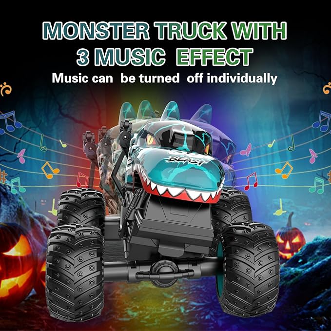 Jumping Monster Truck Toy, 2.4GHz Remote Monster Trucks for Boys 4-6, Dinosaur Monster RC Truck, 2 Rechargeable Batteries, 3 Lighting and Music, Rotate 360 °, Drift, Green Remote Control Car