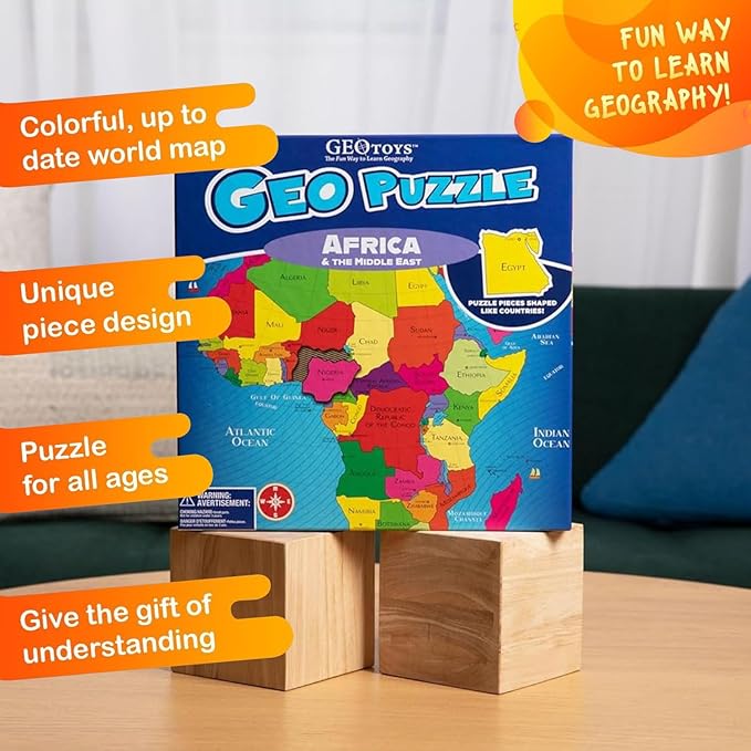 Geotoys GeoPuzzle, Africa and Middle East Shaped Jigsaw Puzzle, 65 Pc Geography Puzzle, Map Puzzle - Jigsaw Puzzles for Kids Ages 6-9 Years Old