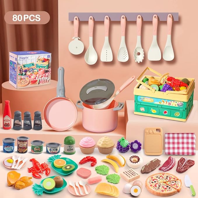 80Pcs Kitchen Playset, Toddler Pretend Cooking with Pots, Pans, Cookware, Food, Picnic Blanket, Fruits, Veges, Shopping Storage Basket, Dessert, Learning Gift for Girls Boys (Pink)