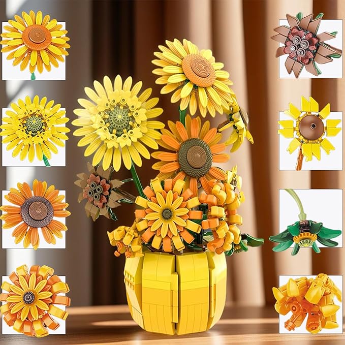 Simulation Sunflower Building Blocks Kit 1009PCS, Artificial Flowers Botanical Collection for Adults 14+, Van Gogh Flowers DIY Home Décor Office Desk, Compatible with Lego Valentine's Day Mother's Day