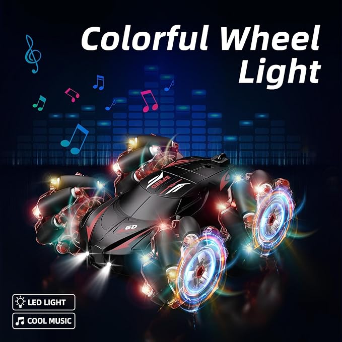 RC Stunt Car, 2.4GHz 4WD Gesture Sensing Remote Control Car with Cool Light and Music, Double-Sided 360° Flips RC Cars for Boys Age 6-12 8-12 Birthday Christmas Toy Cars(Red)