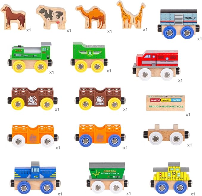 Toys 12 (18 Pcs) Wooden Engines & Train Cars Collection with Animals, Farm Safari Zoo Wooden Animal Train Cars, Circus Wooden Train Compatible with Thomas, Brio, Chuggington