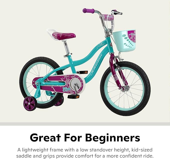 Schwinn Elm BMX Style Toddler and Kids Bike, For Girls and Boys, 16-Inch Wheels, With Saddle Handle, Training Wheels, Chain Guard, and Front Basket, Recommended Height 38-48 Inch, Teal